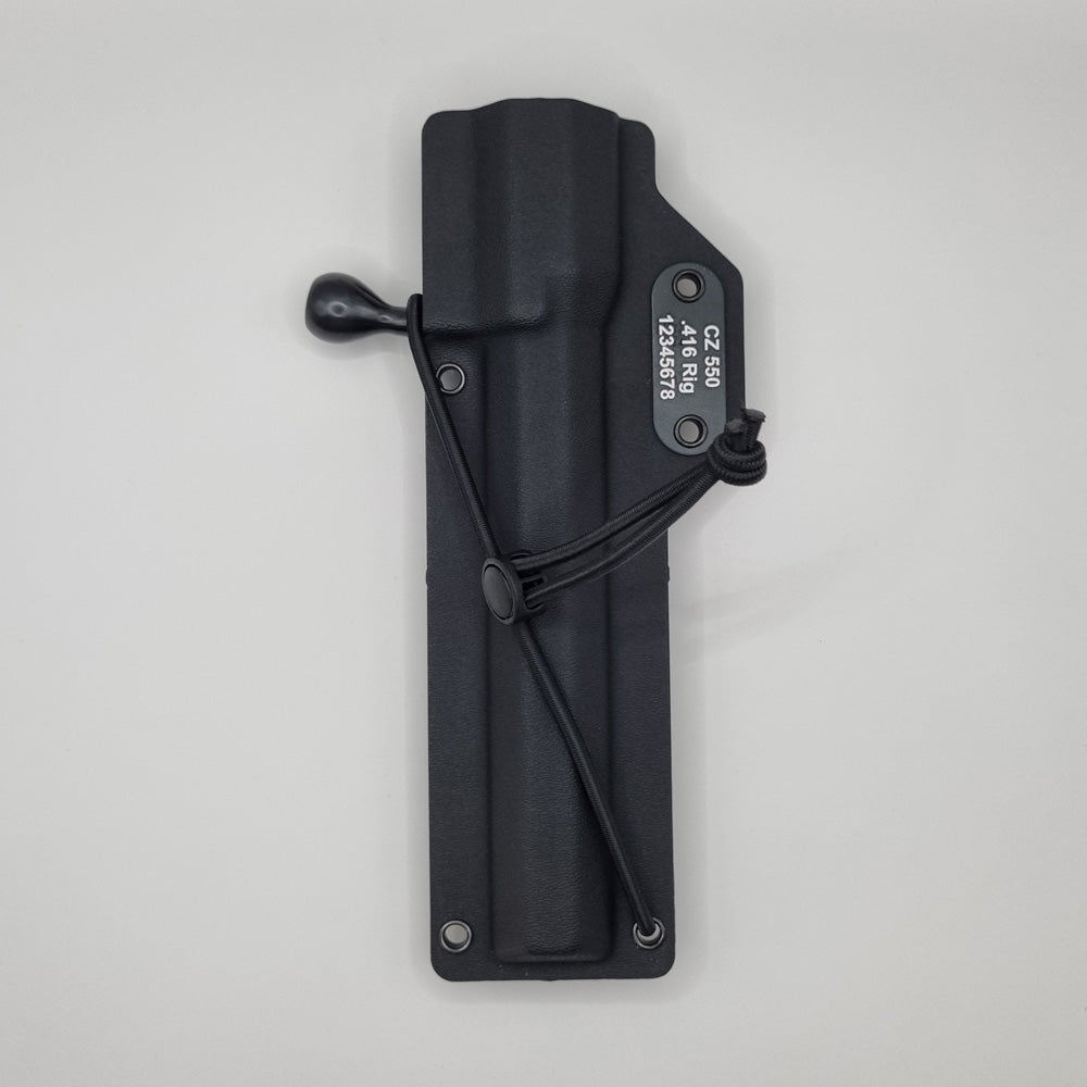 Black tactical knife sheath with branding on a white background