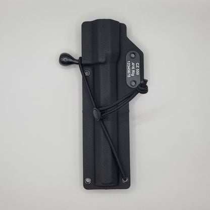 Black tactical knife sheath with branding on a white background