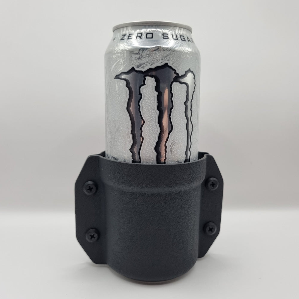 Monster Energy drink can in a black holder on a white background
