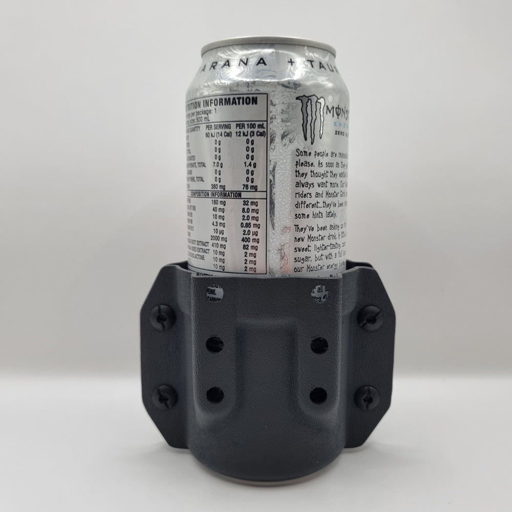 Black can holder with a can of Monster energy drink on a white background